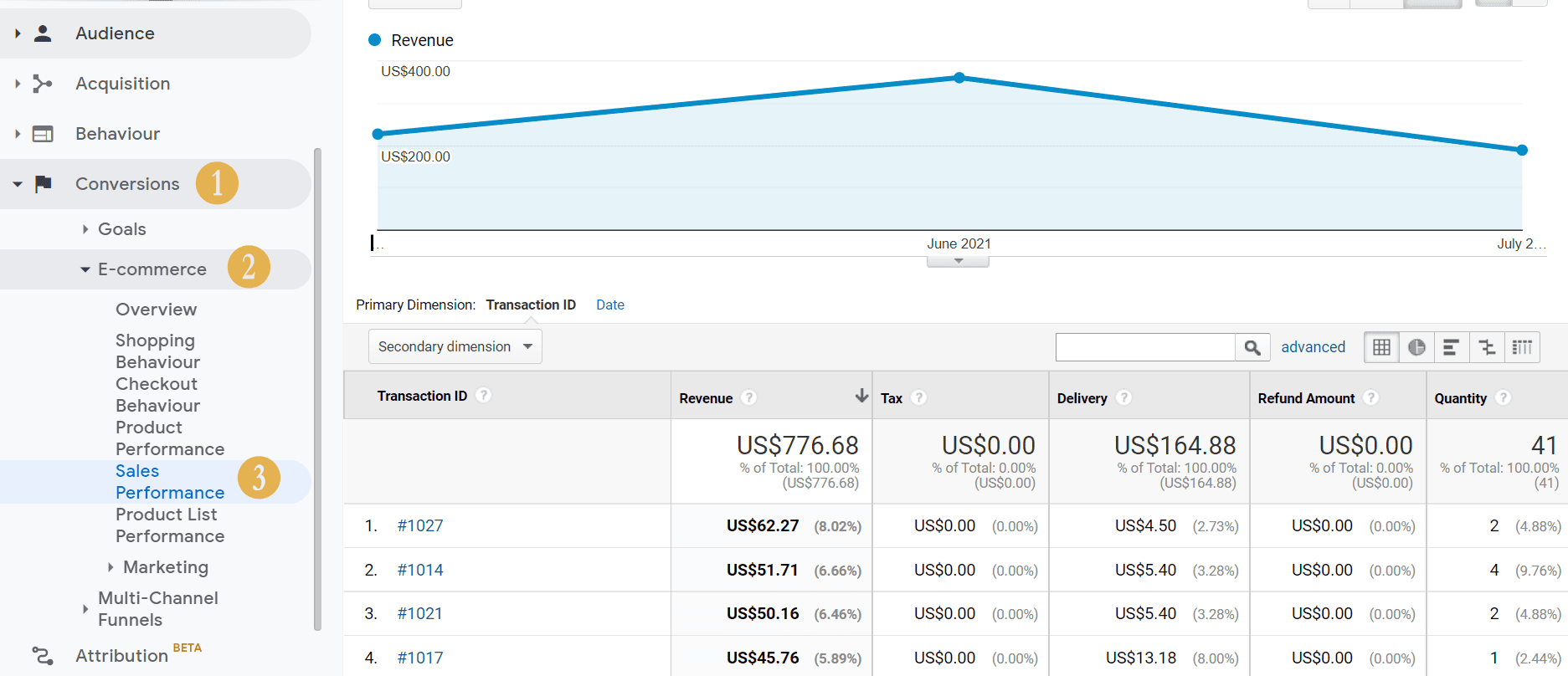 Sales Performance in Google Analytics.